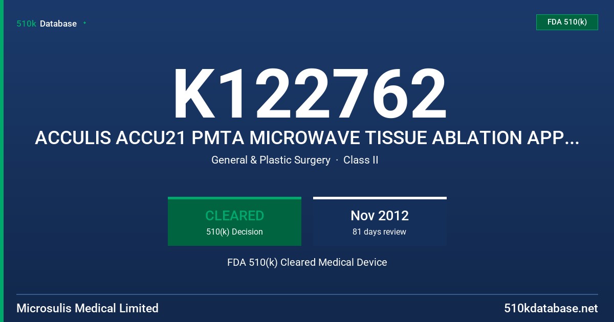 K122762 ACCULIS ACCU21 PMTA MICROWAVE TISSUE ABLATION APPLICATOR FDA 510(k) Cleared Medical Device