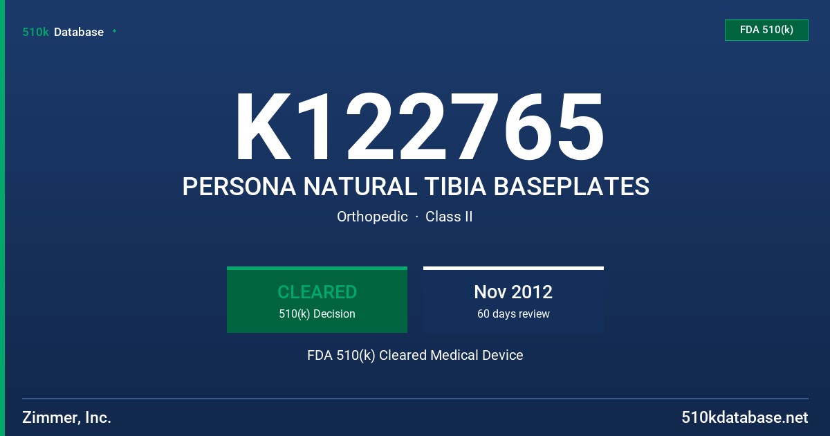 K122765 PERSONA NATURAL TIBIA BASEPLATES FDA 510(k) Cleared Medical Device