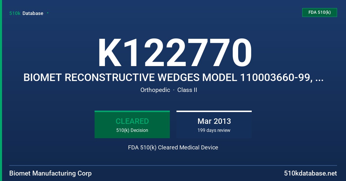 K122770 BIOMET RECONSTRUCTIVE WEDGES MODEL 110003660-99, 110003797-831 FDA 510(k) Cleared Medical Device