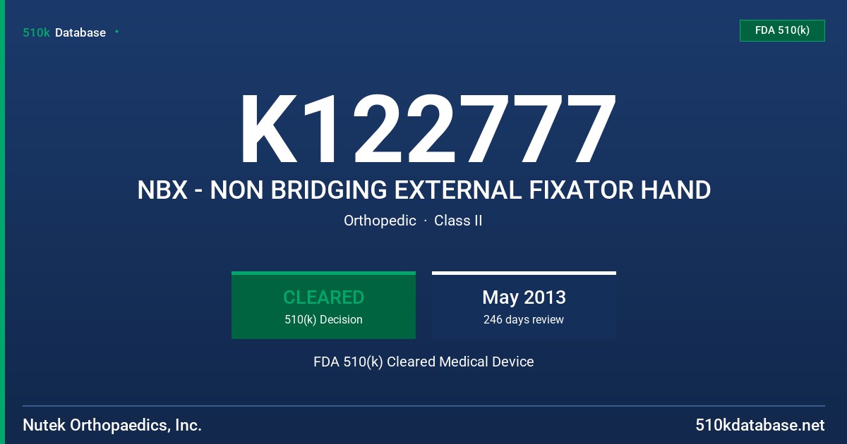 K122777 NBX - NON BRIDGING EXTERNAL FIXATOR HAND FDA 510(k) Cleared Medical Device