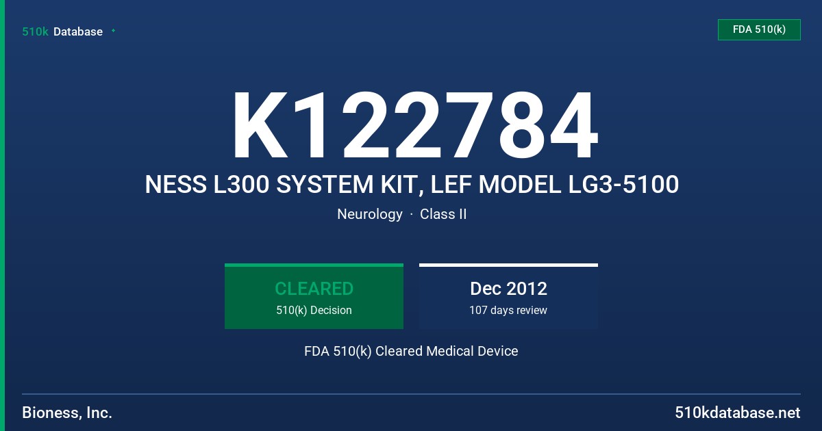 K122784 NESS L300 SYSTEM KIT, LEF MODEL LG3-5100 FDA 510(k) Cleared Medical Device