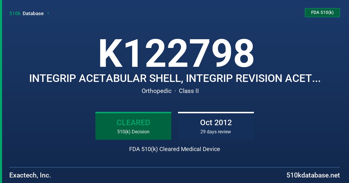 K122798 INTEGRIP ACETABULAR SHELL, INTEGRIP REVISION ACETABULAR SHELL FDA 510(k) Cleared Medical Device