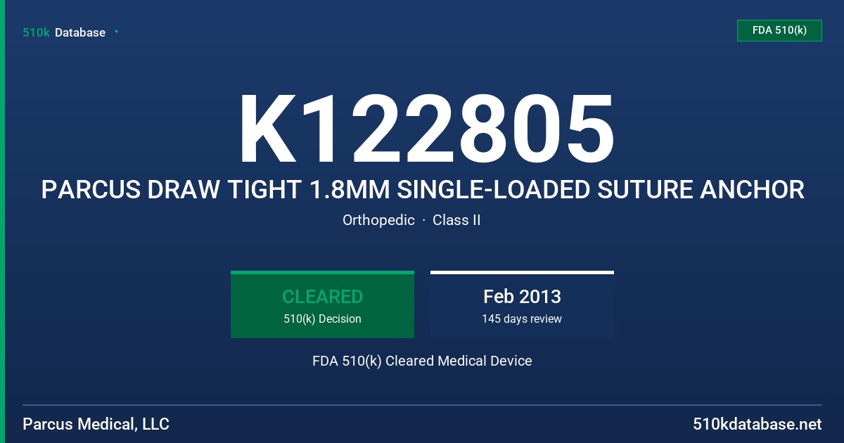 K122805 PARCUS DRAW TIGHT 1.8MM SINGLE-LOADED SUTURE ANCHOR FDA 510(k) Cleared Medical Device