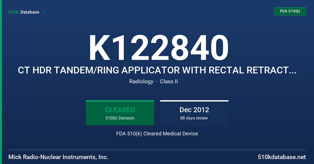 K122840 CT HDR TANDEM/RING APPLICATOR WITH RECTAL RETRACTOR MODEL 0407 FDA 510(k) Cleared Medical Device