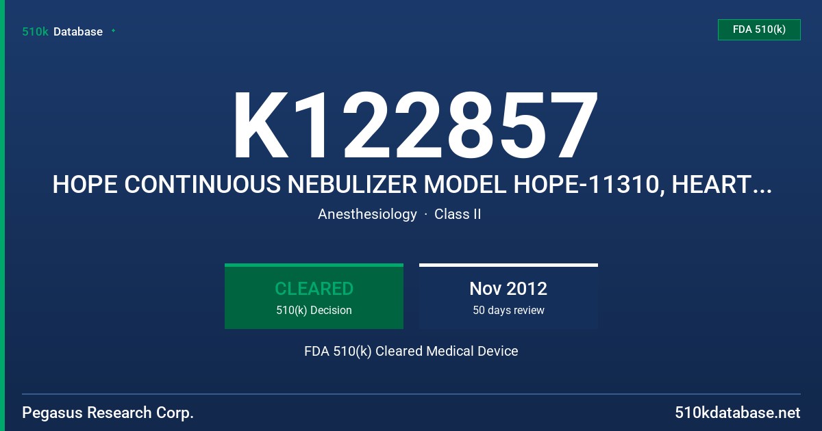 K122857 HOPE CONTINUOUS NEBULIZER MODEL HOPE-11310, HEART NEBULIZER MODEL HEART-100609, THERAMIST NEBULIZER MODEL THERAMIST-3100 FDA 510(k) Cleared Medical Device