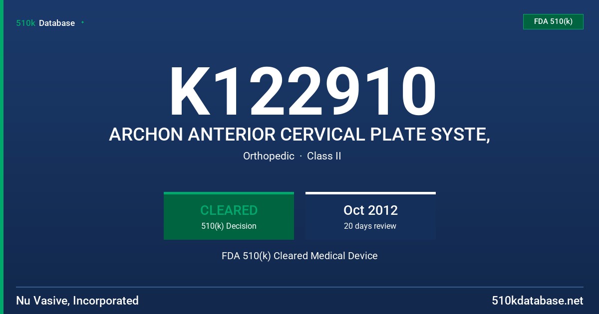 K122910 ARCHON ANTERIOR CERVICAL PLATE SYSTE, FDA 510(k) Cleared Medical Device