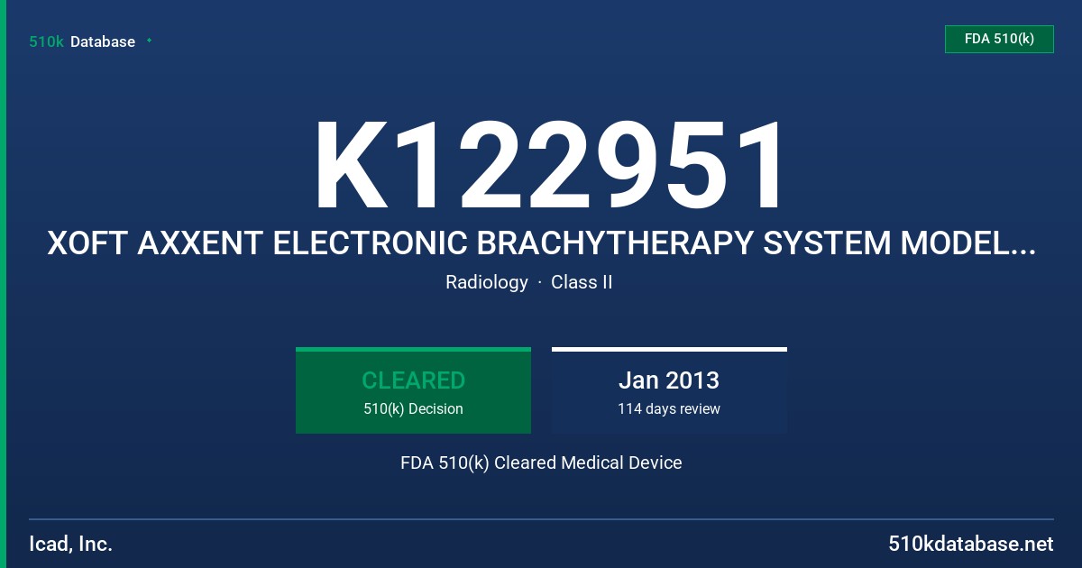K122951 XOFT AXXENT ELECTRONIC BRACHYTHERAPY SYSTEM MODEL 110 FDA 510(k) Cleared Medical Device