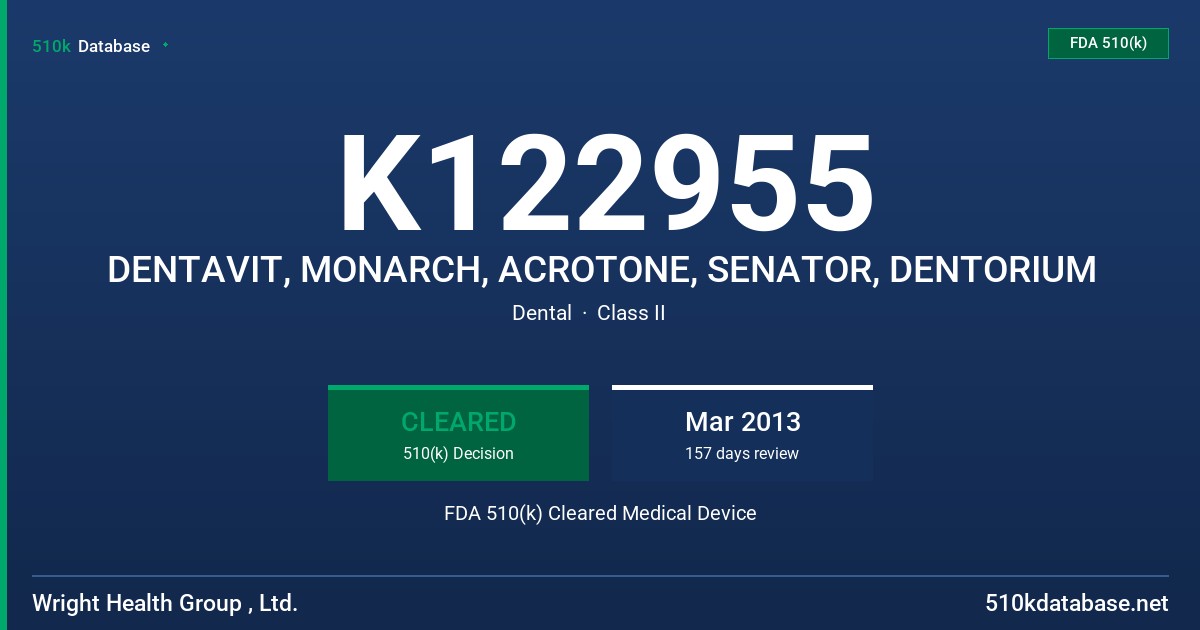 K122955 DENTAVIT, MONARCH, ACROTONE, SENATOR, DENTORIUM FDA 510(k) Cleared Medical Device