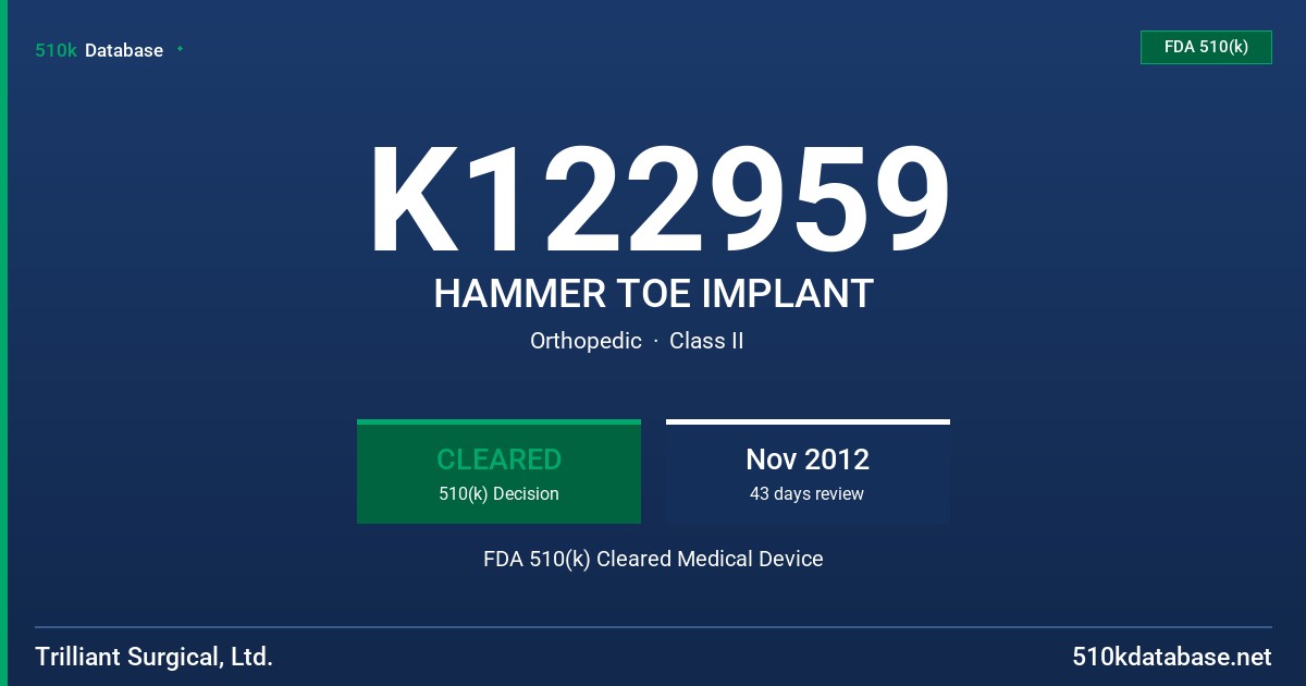 K122959 HAMMER TOE IMPLANT FDA 510(k) Cleared Medical Device
