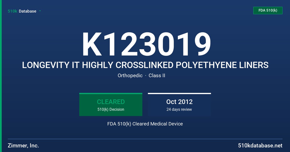 K123019 LONGEVITY IT HIGHLY CROSSLINKED POLYETHYENE LINERS FDA 510(k) Cleared Medical Device