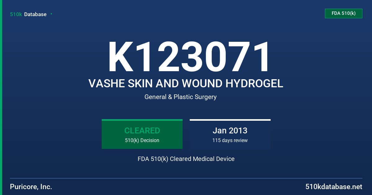 K123071 VASHE SKIN AND WOUND HYDROGEL FDA 510(k) Cleared Medical Device