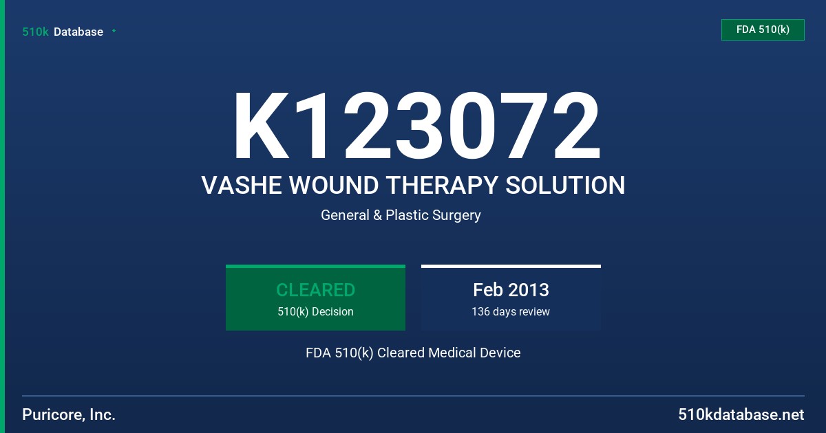 K123072 VASHE WOUND THERAPY SOLUTION FDA 510(k) Cleared Medical Device