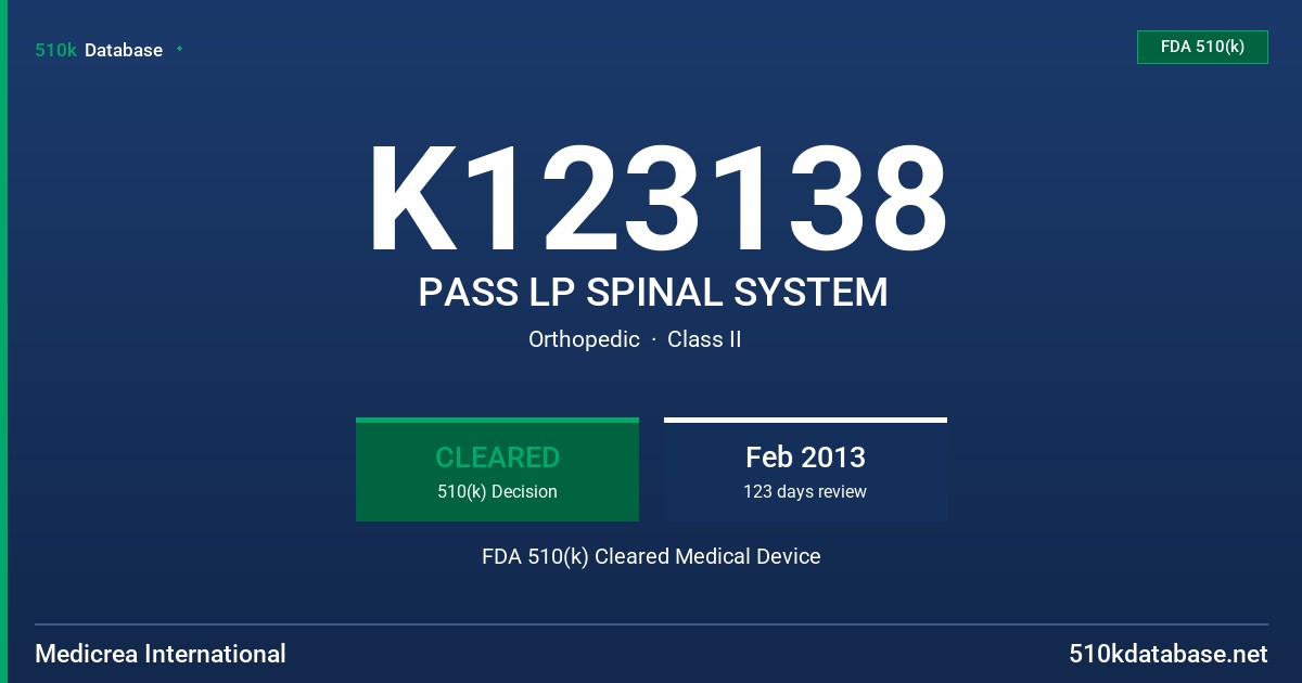 K123138 PASS LP SPINAL SYSTEM FDA 510(k) Cleared Medical Device