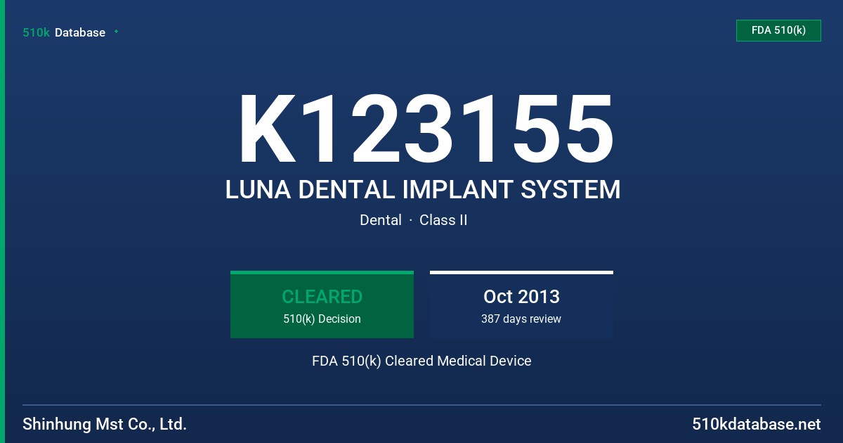 K123155 LUNA DENTAL IMPLANT SYSTEM FDA 510(k) Cleared Medical Device