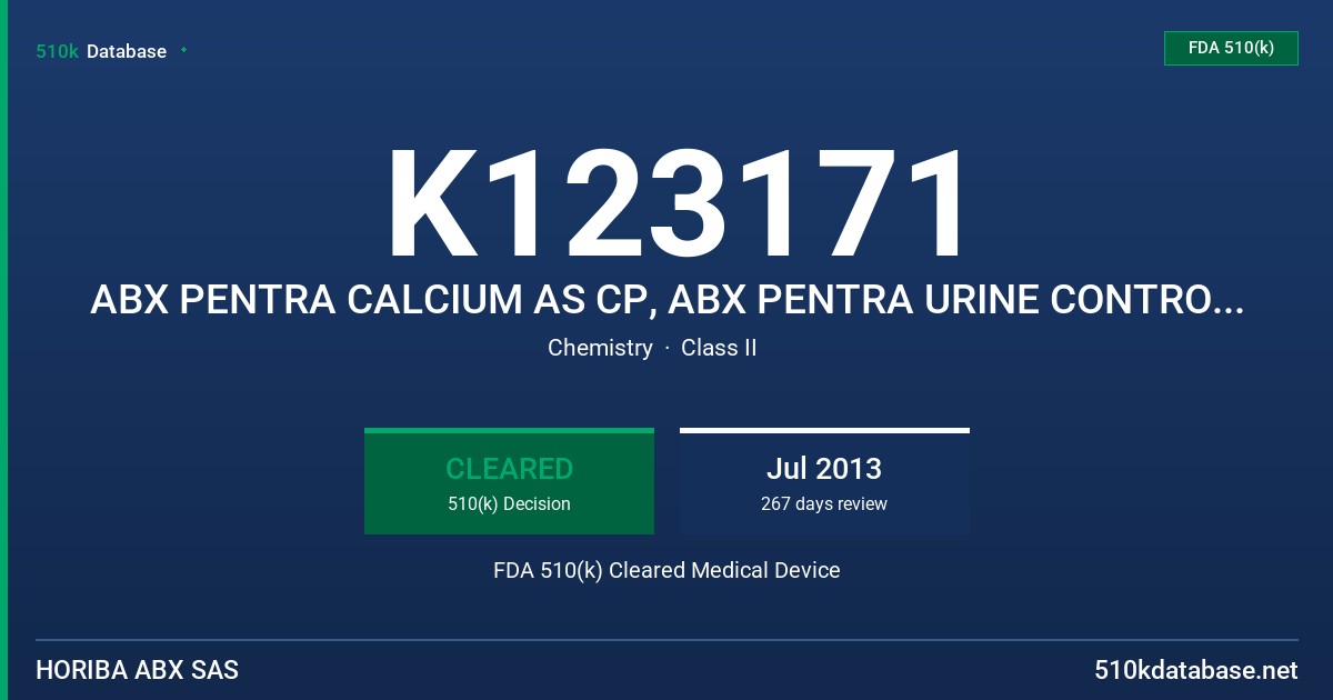 K123171 ABX PENTRA CALCIUM AS CP, ABX PENTRA URINE CONTROL L/H, ABX PENTRA MULTICAL, ABX PENTRA N CONTROL, AND ABX PENTRA P CONT FDA 510(k) Cleared Medical Device