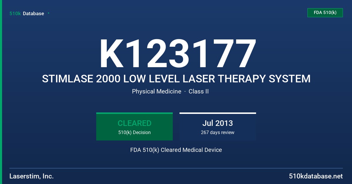 K123177 STIMLASE 2000 LOW LEVEL LASER THERAPY SYSTEM FDA 510(k) Cleared Medical Device