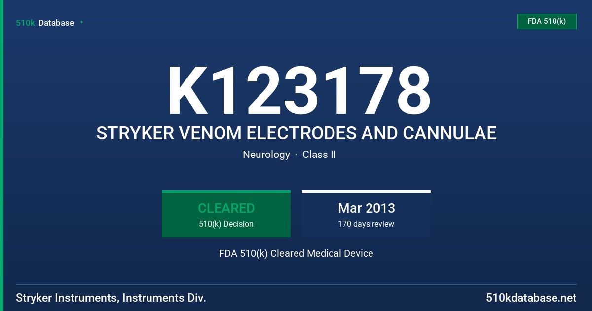 K123178 STRYKER VENOM ELECTRODES AND CANNULAE FDA 510(k) Cleared Medical Device