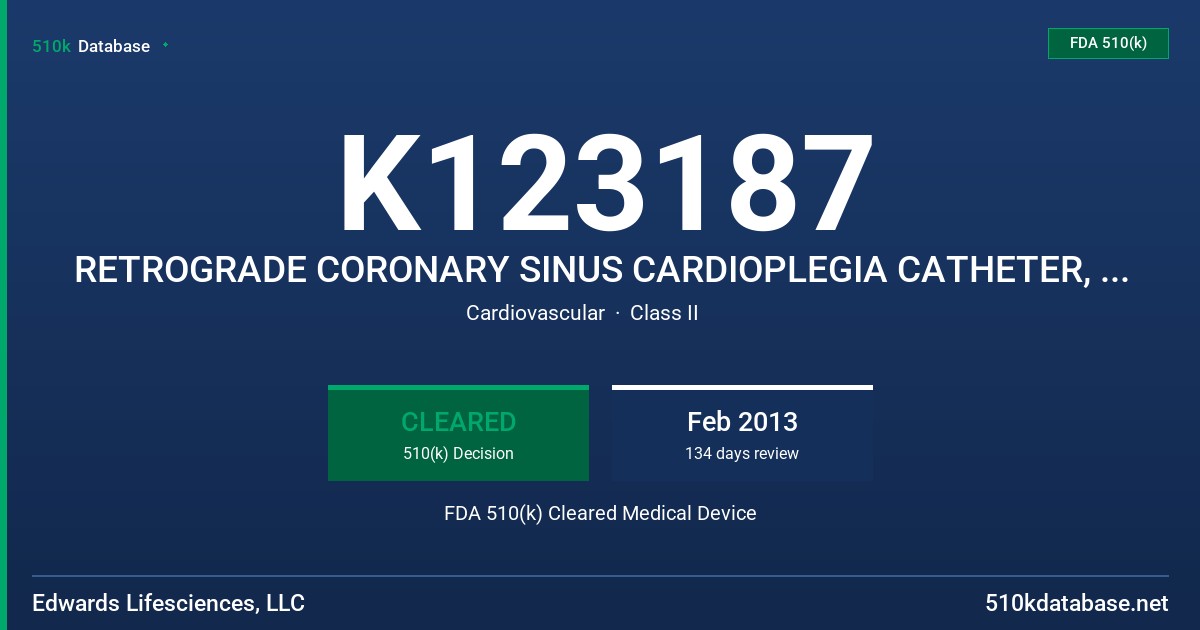 K123187 RETROGRADE CORONARY SINUS CARDIOPLEGIA CATHETER, RETROGRADE CARDIOPLEGIA CATHETER, RETROGRADE CARDIOPLEGIA CANNULA FDA 510(k) Cleared Medical Device