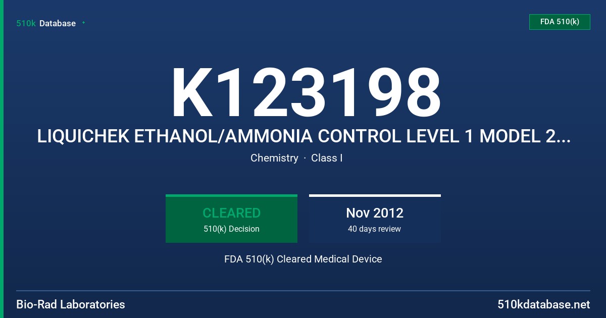 K123198 LIQUICHEK ETHANOL/AMMONIA CONTROL LEVEL 1 MODEL 271, LIQUICHEK ETHANOL/AMMONIA CONTROL LEVEL 2 MODEL 272, LIQUICHEK ETHA FDA 510(k) Cleared Medical Device