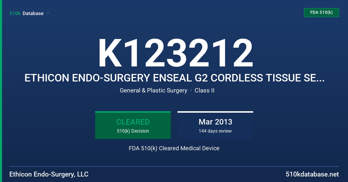 K123212 ETHICON ENDO-SURGERY ENSEAL G2 CORDLESS TISSUE SEALERS FDA 510(k) Cleared Medical Device