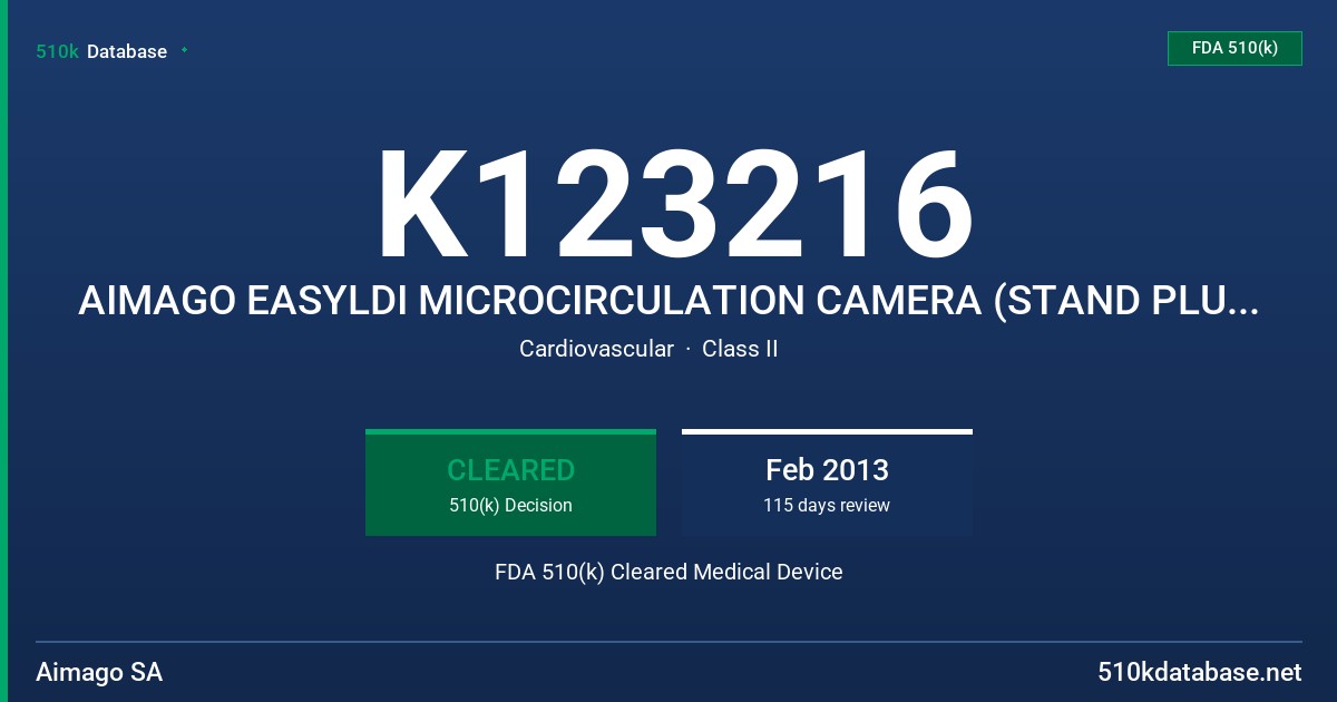 K123216 AIMAGO EASYLDI MICROCIRCULATION CAMERA (STAND PLUS CAMERA ARM), AIMAGO EASY LDI STAND, INCLUDING 4-WHEELED STAND BASE AN FDA 510(k) Cleared Medical Device