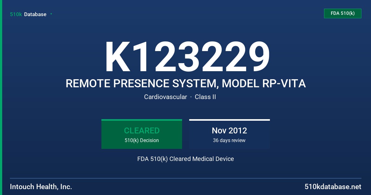 K123229 REMOTE PRESENCE SYSTEM, MODEL RP-VITA FDA 510(k) Cleared Medical Device