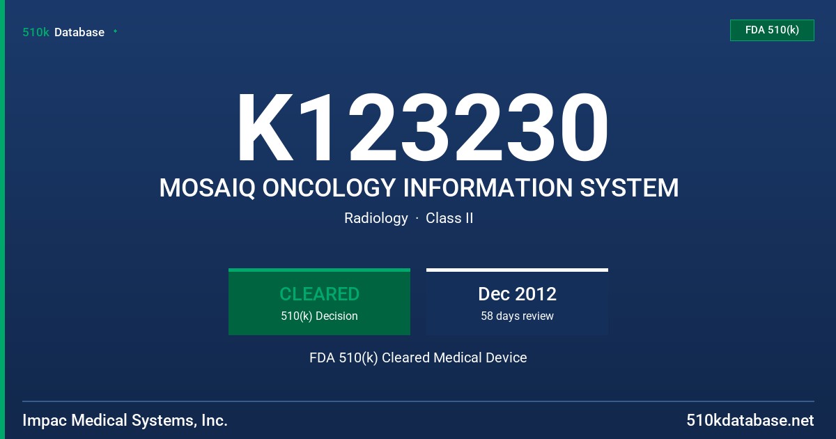 K123230 MOSAIQ ONCOLOGY INFORMATION SYSTEM FDA 510(k) Cleared Medical Device