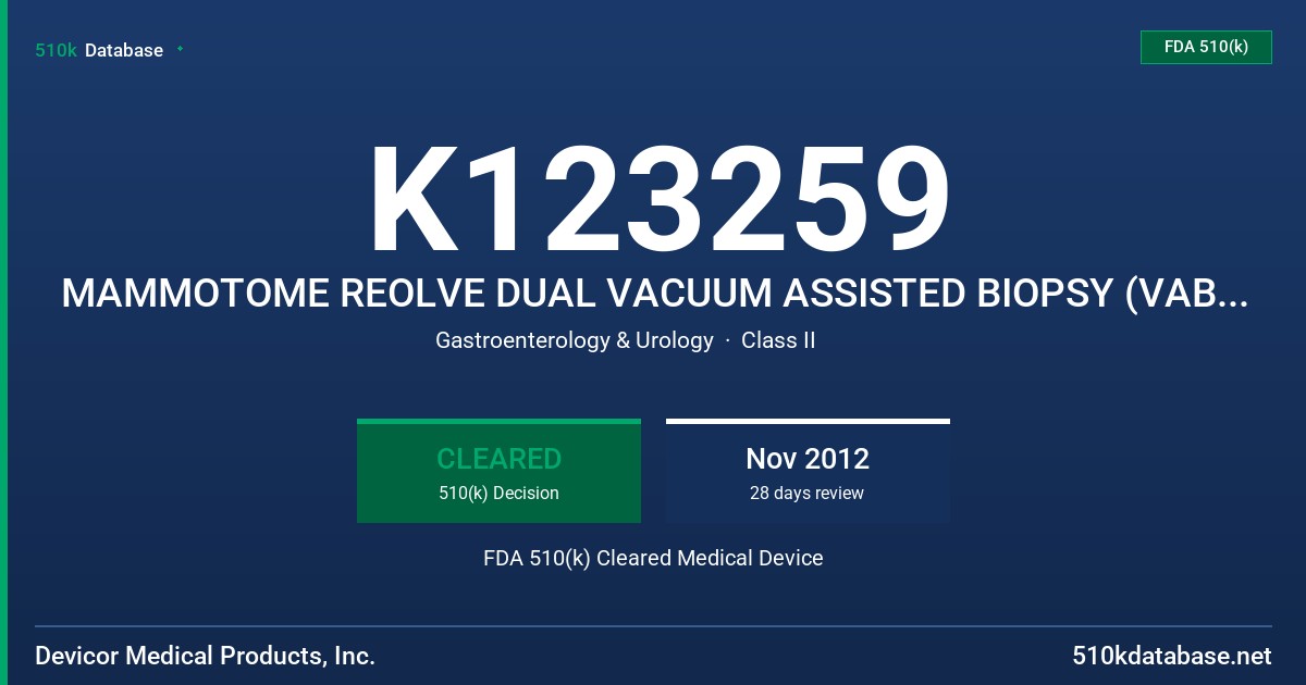 K123259 MAMMOTOME REOLVE DUAL VACUUM ASSISTED BIOPSY (VAB) SYSTEM FDA 510(k) Cleared Medical Device