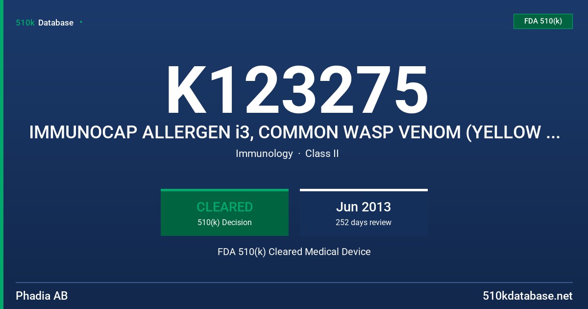 K123275 IMMUNOCAP ALLERGEN i3, COMMON WASP VENOM (YELLOW JACKET), AND IMMUNOCAP ALLERGEN i4, PAPER WASP VENOM FDA 510(k) Cleared Medical Device