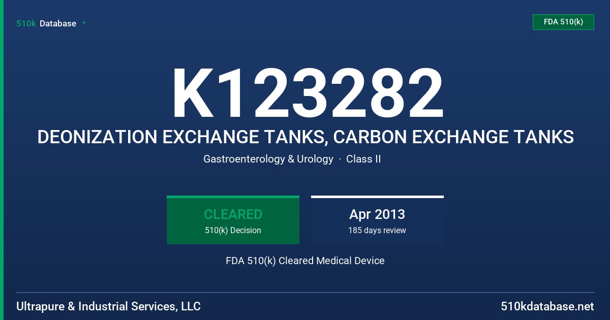 K123282 DEONIZATION EXCHANGE TANKS, CARBON EXCHANGE TANKS FDA 510(k) Cleared Medical Device