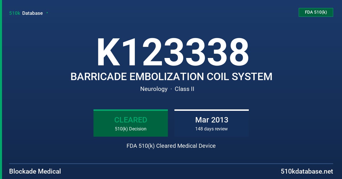 K123338 BARRICADE EMBOLIZATION COIL SYSTEM FDA 510(k) Cleared Medical Device