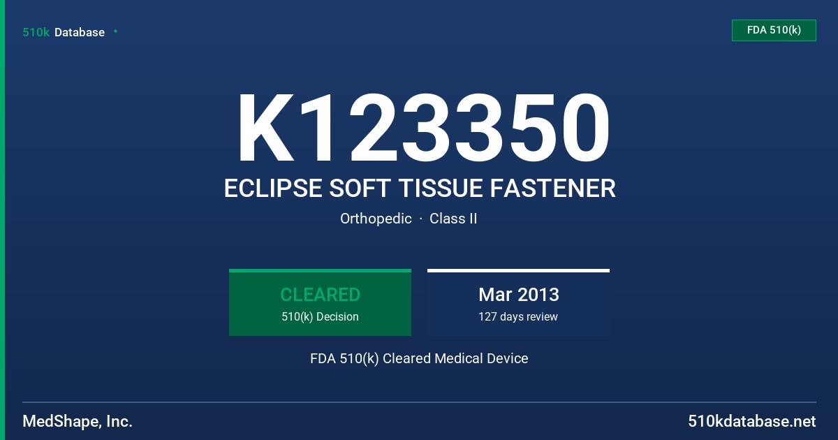 K123350 ECLIPSE SOFT TISSUE FASTENER FDA 510(k) Cleared Medical Device