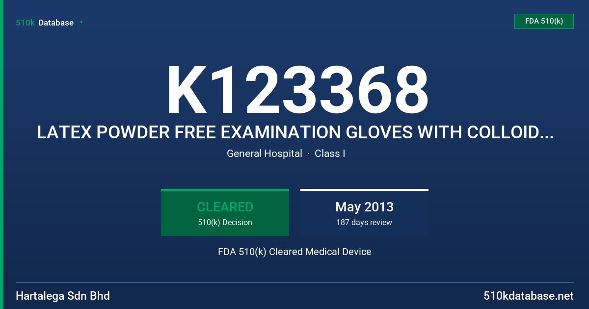 K123368 LATEX POWDER FREE EXAMINATION GLOVES WITH COLLOIDAL OATMEAL USP SKIN PROTECTANT FDA 510(k) Cleared Medical Device
