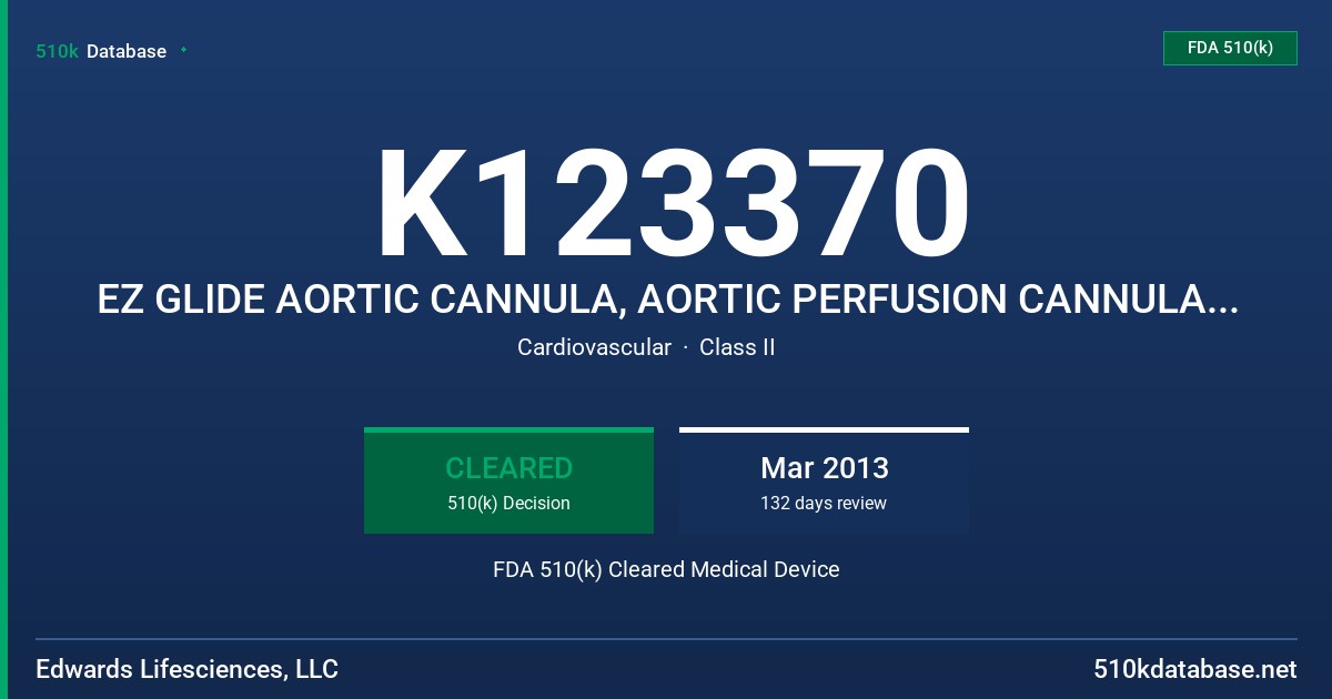 K123370 EZ GLIDE AORTIC CANNULA, AORTIC PERFUSION CANNULA WITH DURAFLO COATING, DISPERSION AORTIC PERFUSION CANNULA FDA 510(k) Cleared Medical Device