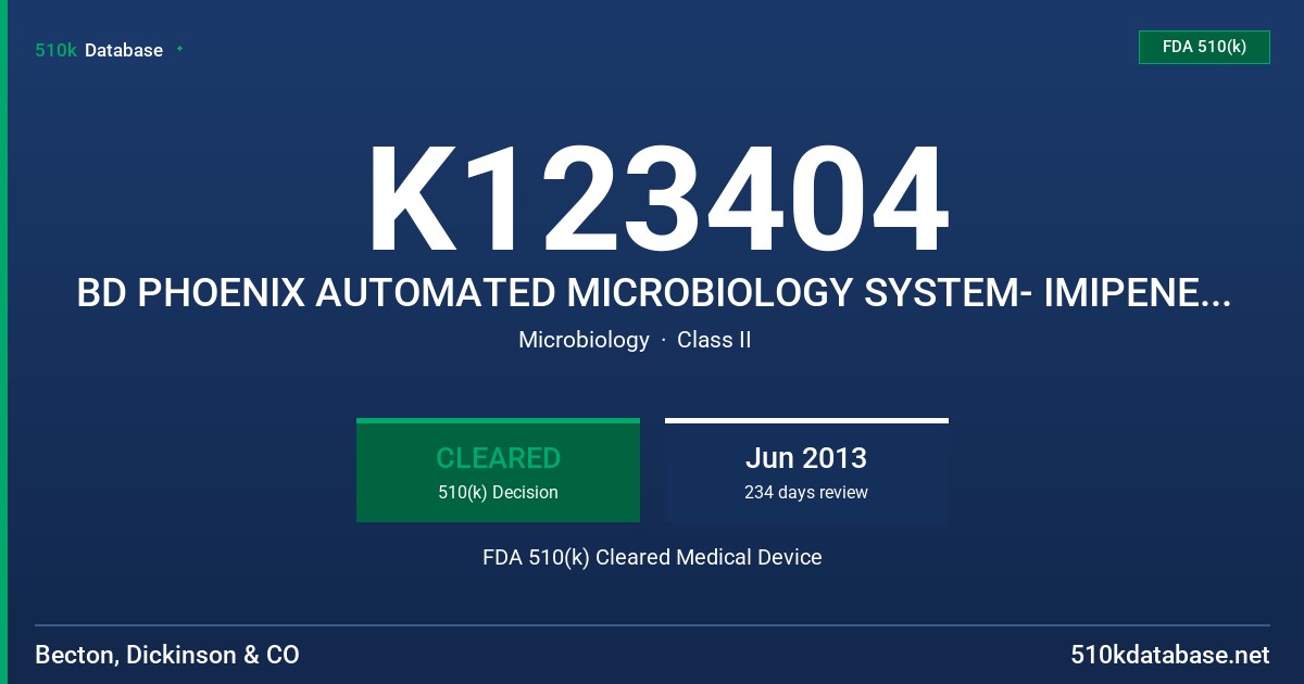 K123404 BD PHOENIX AUTOMATED MICROBIOLOGY SYSTEM- IMIPENEM (0.0625-32 UG/ML) FDA 510(k) Cleared Medical Device