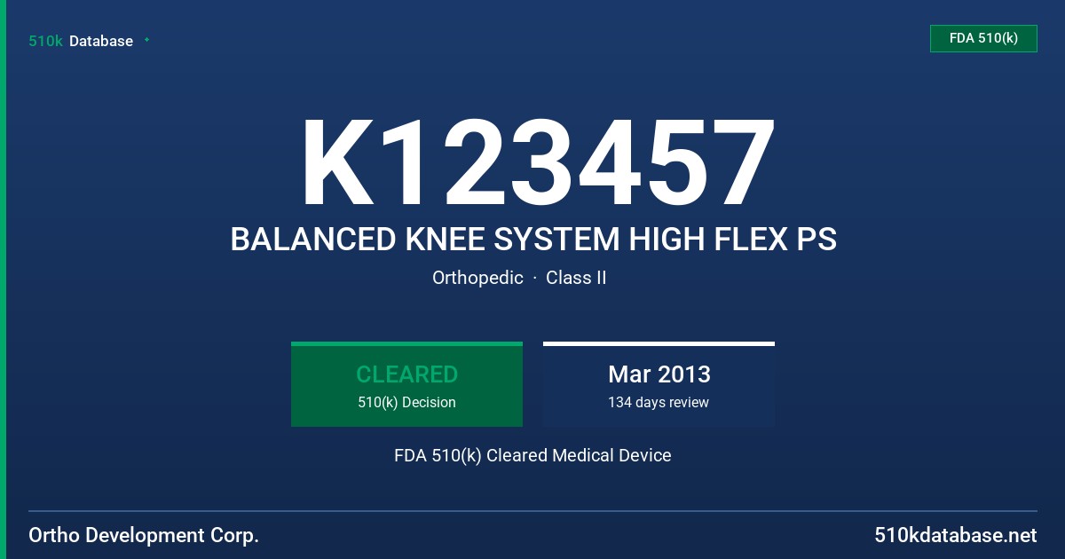 K123457 BALANCED KNEE SYSTEM HIGH FLEX PS FDA 510(k) Cleared Medical Device