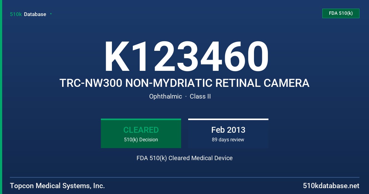 K123460 TRC-NW300 NON-MYDRIATIC RETINAL CAMERA FDA 510(k) Cleared Medical Device