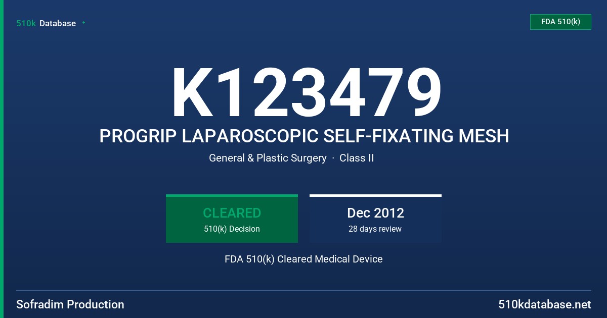 K123479 PROGRIP LAPAROSCOPIC SELF-FIXATING MESH FDA 510(k) Cleared Medical Device