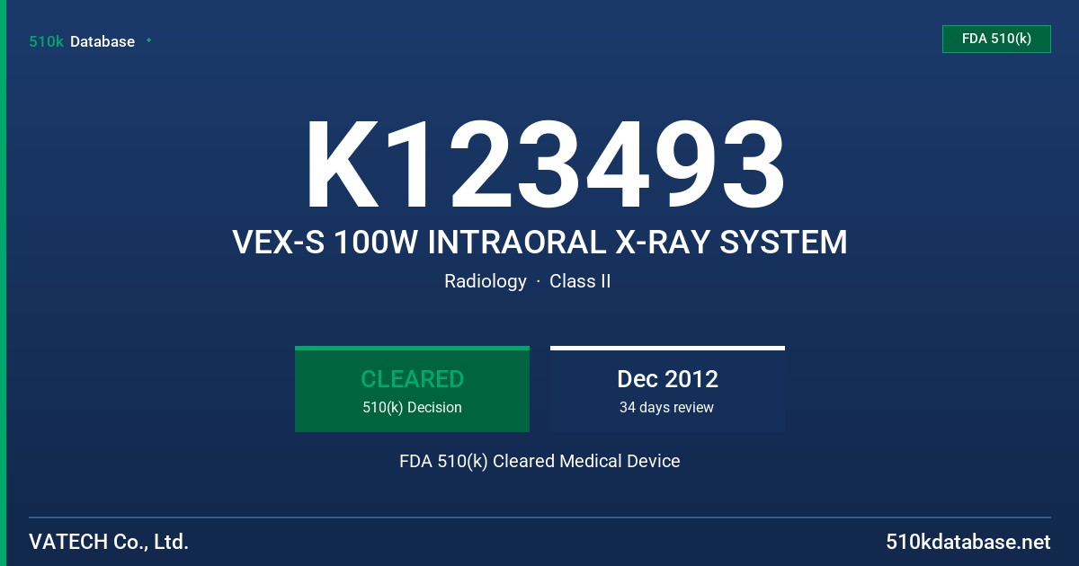 K123493 VEX-S 100W INTRAORAL X-RAY SYSTEM FDA 510(k) Cleared Medical Device