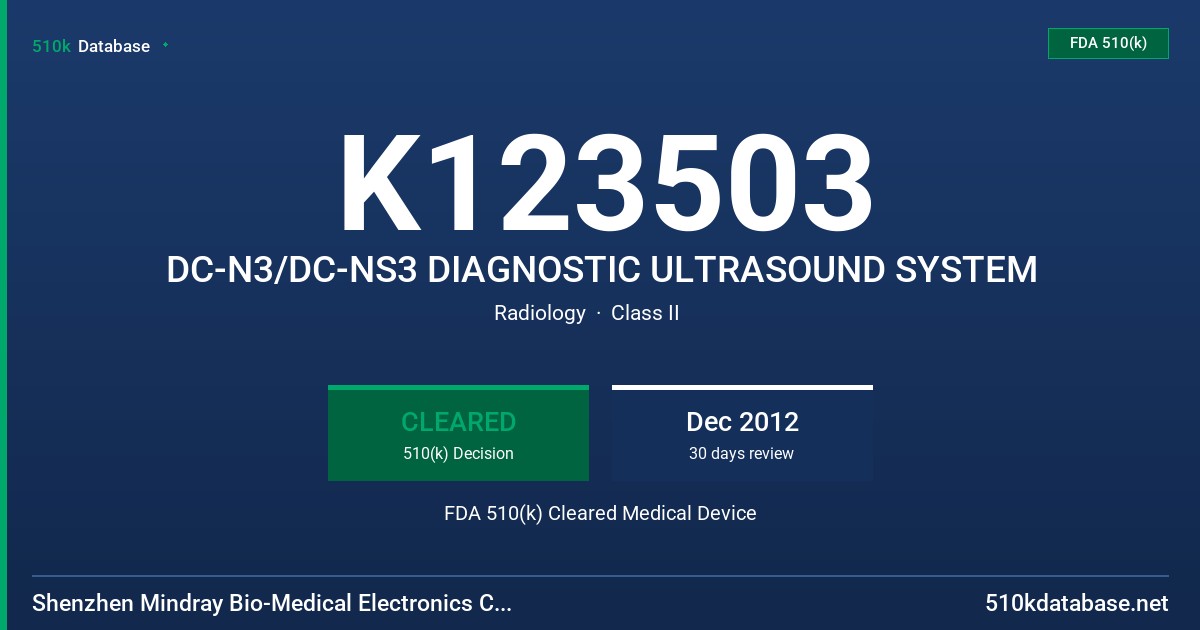 K123503 DC-N3/DC-NS3 DIAGNOSTIC ULTRASOUND SYSTEM FDA 510(k) Cleared Medical Device