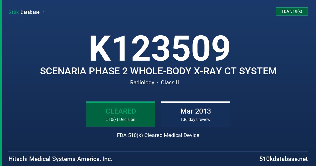 K123509 SCENARIA PHASE 2 WHOLE-BODY X-RAY CT SYSTEM FDA 510(k) Cleared Medical Device