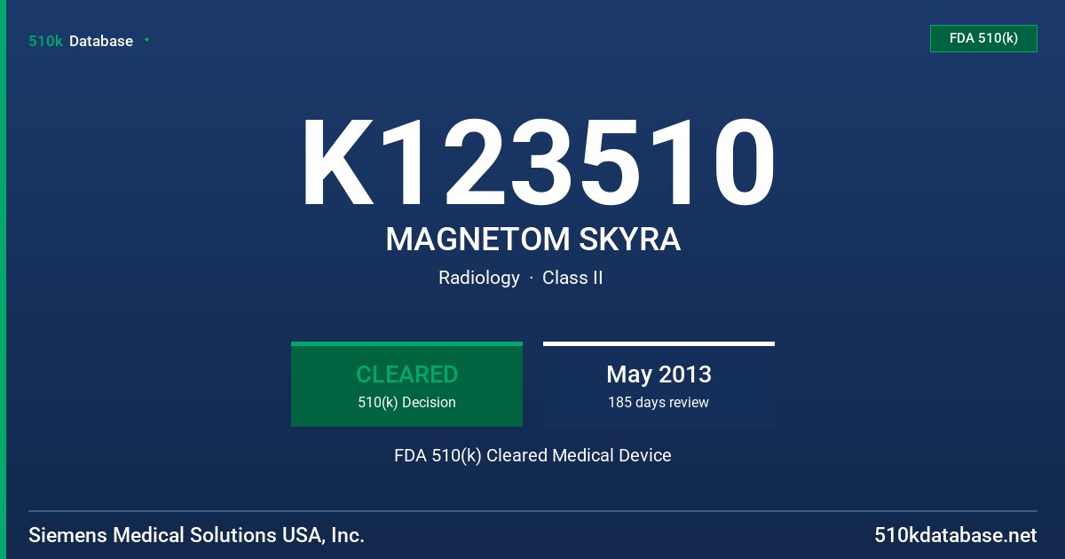 K123510 MAGNETOM SKYRA FDA 510(k) Cleared Medical Device