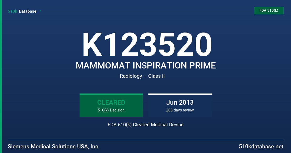 K123520 MAMMOMAT INSPIRATION PRIME FDA 510(k) Cleared Medical Device
