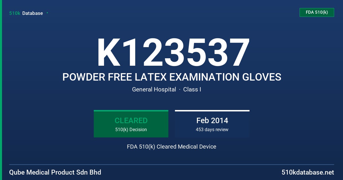 K123537 POWDER FREE LATEX EXAMINATION GLOVES FDA 510(k) Cleared Medical Device