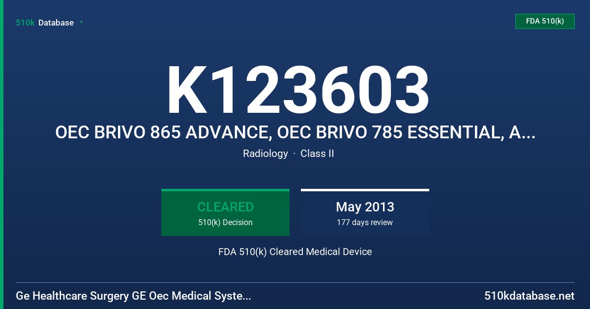 K123603 OEC BRIVO 865 ADVANCE, OEC BRIVO 785 ESSENTIAL, AND OEC BRIVO 715 PRIME FDA 510(k) Cleared Medical Device