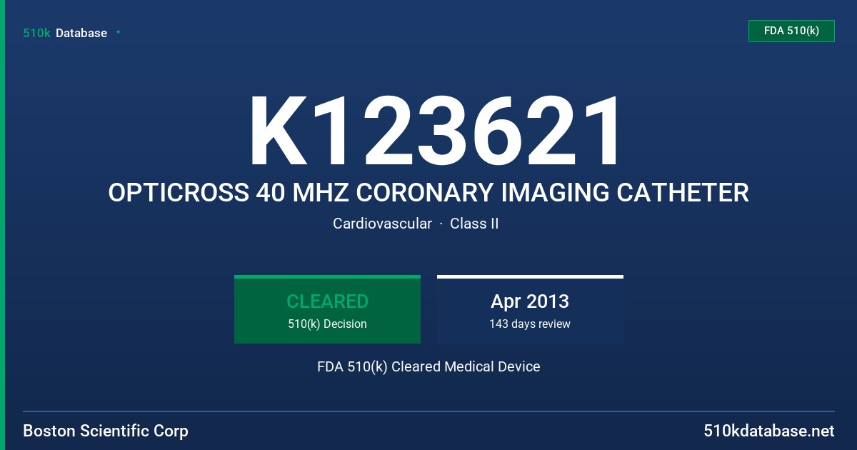 K123621 OPTICROSS 40 MHZ CORONARY IMAGING CATHETER FDA 510(k) Cleared Medical Device