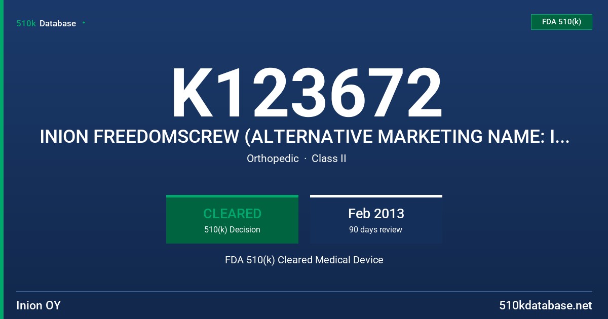 K123672 INION FREEDOMSCREW (ALTERNATIVE MARKETING NAME: INION OTPS FREEDOMSCREW) FDA 510(k) Cleared Medical Device