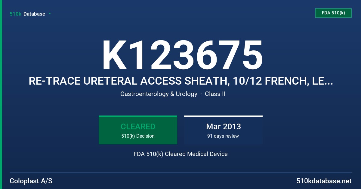 K123675 RE-TRACE URETERAL ACCESS SHEATH, 10/12 FRENCH, LENGTH 35 AND 45 CM, URETERAL ACCESS SHEATH, 12/14 CH-FR, LENGTH 35CM, UR FDA 510(k) Cleared Medical Device