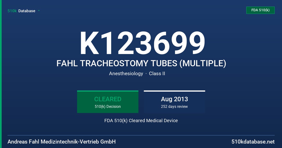 K123699 FAHL TRACHEOSTOMY TUBES (MULTIPLE) FDA 510(k) Cleared Medical Device