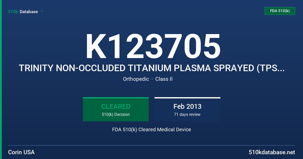 K123705 TRINITY NON-OCCLUDED TITANIUM PLASMA SPRAYED (TPS) ACETABULAR SHELLS FDA 510(k) Cleared Medical Device